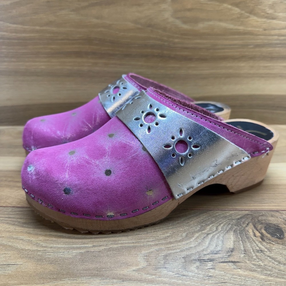 Cape Clogs Pink Silver Wooden Clogs Womens 6.5 EU 37 Sweden Slip On Mule